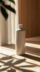 A hair care product like shampoo or conditioner bottle positioned on its side on a light wood surface. Soft natural lighting hitting the product label straight on
