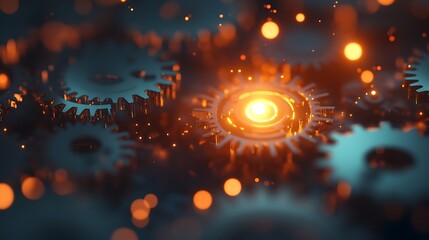 Glowing cogs in a machine,  glowing  with orange light.