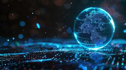 Obraz premium A glowing digital globe surrounded by abstract data points and light effects.