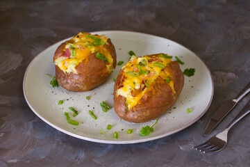 Cheesy stuffed baked potatoes topped with cheese, bacon and cream.