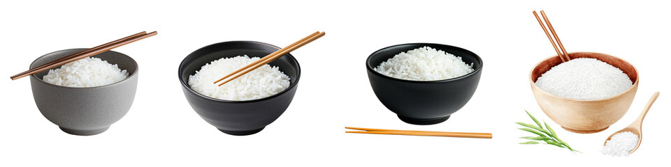 Four bowls of rice in varying styles, each accompanied by chopsticks and garnished, arranged against a dark background.