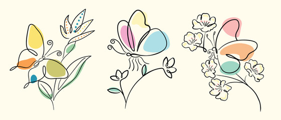 Abstract butterflies with flowers in minimalist line art style. Vector illustration