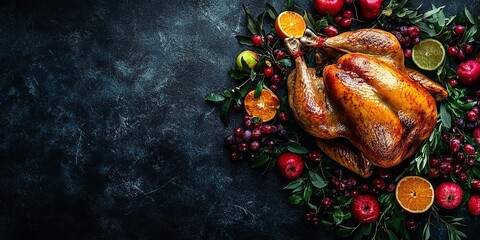 Roasted Turkey: Succulent turkey roasted to perfection with crispy skin, often served with gravy and stuffing, a holiday favorite. Top view with copy space