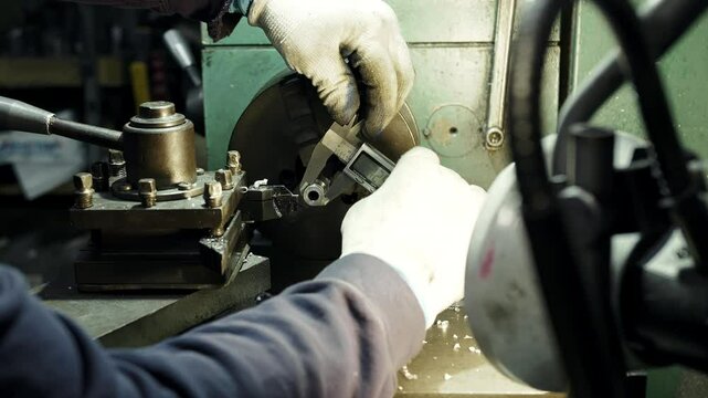 Hands of a professional craftsman use a caliper to measure the diameter on a lathe