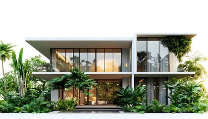 Fototapeta premium Modern Architectural House with Lush Tropical Greenery