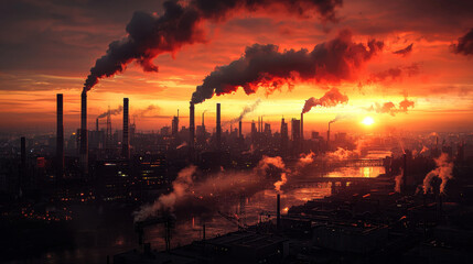 sprawling industrial city skyline at sunset, showcasing smokestacks emitting dark smoke into vibrant sky. scene captures contrast between nature and industry, evoking sense of awe and concern