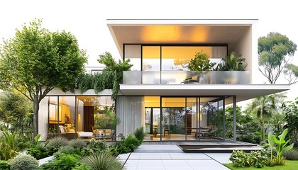 Modern Home with Lush Greenery and Large Windows