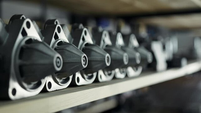 Warehouse shelves with spare parts from an authorized dealer and supplier, retail and wholesale trade.