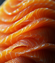 Close-up of a piece of smoked salmon, texture details and vivid colors, studio setting, soft and natural lighting, top-down angle