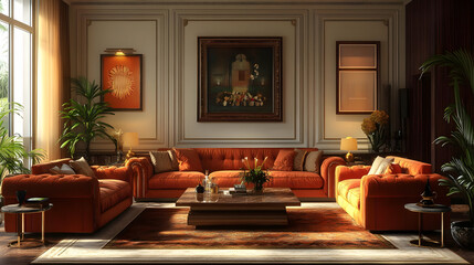 Living Room Interior Design with Orange Sofa and Rug, 3D Illustration