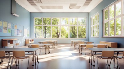 Fototapeta premium empty classroom with light reflecting from the windows during the day. Ai generated image