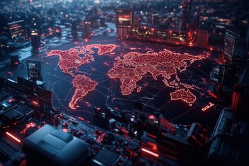 A high-tech workspace showing a glowing world map on a digital display, representing global connectivity and technological advancements. The scene is vibrant and futuristic.
