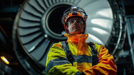 Obraz premium maintenance engineer stands confidently in safety helmet and high visibility jacket, surrounded by impressive turbine of aircraft engine. scene conveys professionalism and dedication to safety in