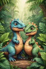 Naklejka premium Two Cute Dinosaurs in the Jungle.