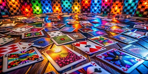 Fototapeta premium Vibrant Playing Card Colors Spread Across a Table for a Colorful Game Night Experience