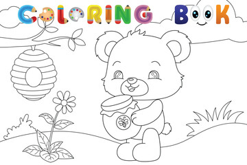 Bear with honey jar and beehive coloring book page. Vector illustration