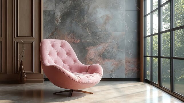 a pastel pink chair elegantly placed in a modern studio surrounded by classic wall panels the minimalist design exudes tranquility and sophistication