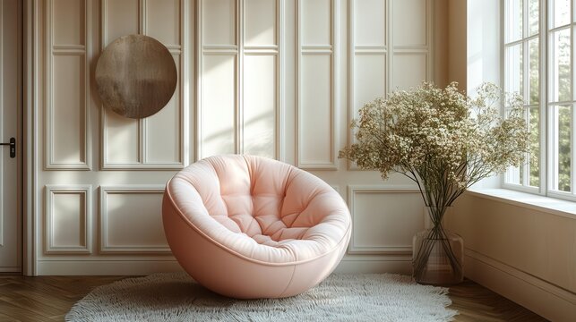 a pastel pink chair elegantly placed in a modern studio surrounded by classic wall panels the minimalist design exudes tranquility and sophistication