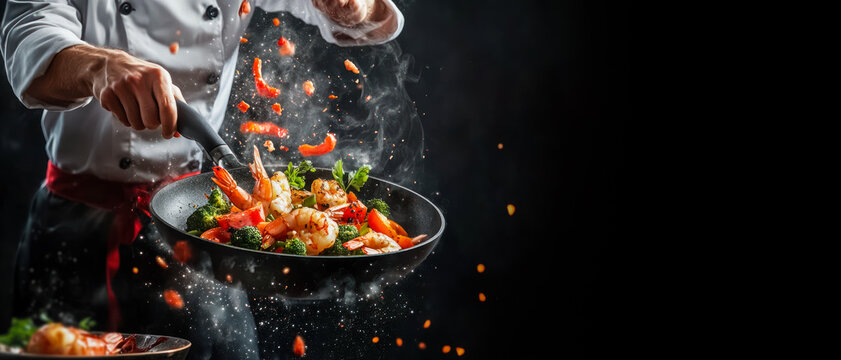 Freeze Motion of Wok Pan with Flying Ingredients in the Air and steam. chef frying cut vegetables with shrimps in pan on black background. restaurant menu, recipe, banner, food advertising. Copy space