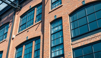 Obraz premium A converted industrial loft building with exposed brick and large, black metal-framed windows, showcasing a blend of industrial and modern design elements.