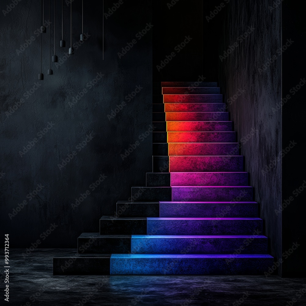 Wall mural neon glowing stairs in dark room