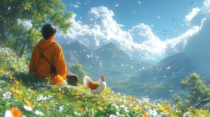 a playful scene of a man interacting with a chicken in a tranquil natural setting fostering a connection between humans and animals amidst greenery