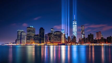 Obraz premium Close-up of Upward spotlights illuminating the New York City skyline at dusk on September 11. Ai generated image