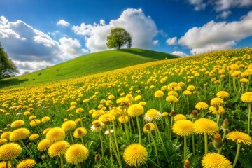 Fototapeta premium Vibrant yellow dandelions under clear blue sky and fluffy clouds