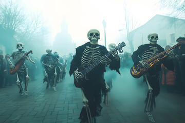 Naklejka premium Spooky skeleton parade marching through a misty town, Halloween