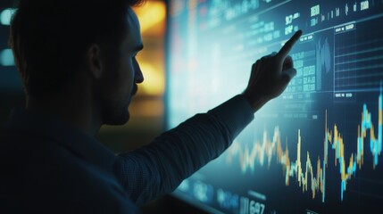 Businessman analyzing data on a digital screen in office at night