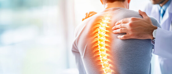 Chiropractor examining patient with back pain in clinic. Physiotherapist working examining treating injured back of male patient with spine x-ray visualization, Rehabilitation therapy. spinal health