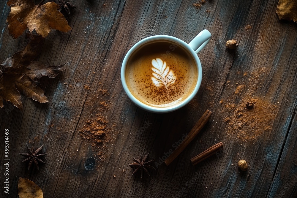 Poster A Cup of Latte with Cinnamon and Autumn Accents on a Rustic Wooden Table