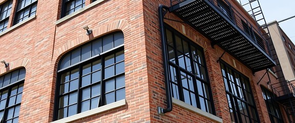 Naklejka premium A converted industrial loft building with exposed brick and large, black metal-framed windows, showcasing a blend of industrial and modern design elements.