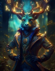 Deer as a character in elegant clothes on the background of the forest. AI generated.