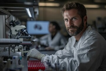 A male scientist peers intently at test tubes in a laboratory, revealing concentration and expertise with fellow researchers blurred in the background.