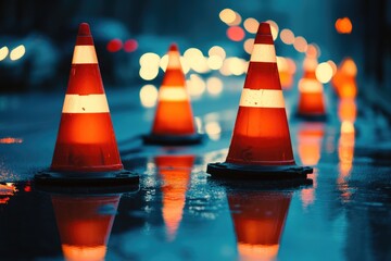 Orange Traffic Cones Reflecting in Wet Pavement at Night