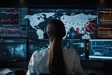 An expert carefully analyzes global data represented as maps on several computer monitors, identifying significant data patterns and trends in an advanced monitoring station.