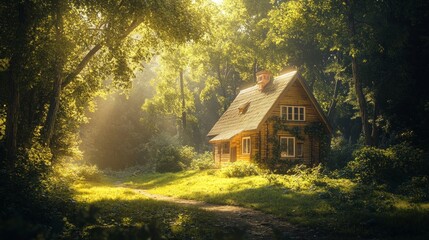 Fototapeta premium A cozy wooden house nestled in a sunlit forest clearing.