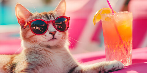 Fototapeta premium Stylish Cat in Sunglasses with Lemonade on Pink Background