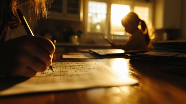 Child writing in notebook while sister using digital tablet at home