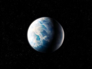 Exoplanet similar to Earth in space. Rocky alien planet with oxygen in the atmosphere. Extrasolar planet with the best conditions for life.