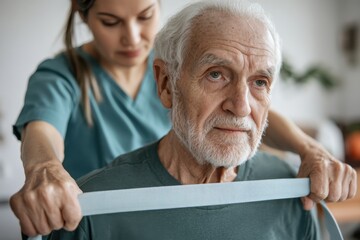 An elderly man with grey hair is being assisted by a healthcare provider using a resistance band, demonstrating physical therapy to improve mobility and strength.