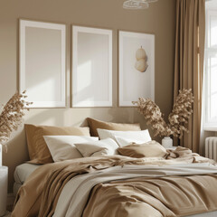 3 large white picture frames on the wall of an elegant bedroom in the mockup style, with beige walls and brown bed linen