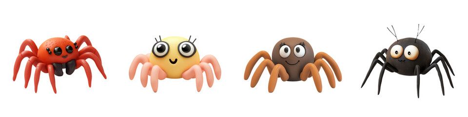 Obraz premium A colorful collection of cute cartoon spiders with various expressions, perfect for children's illustrations and playful designs. on transparent cutout, PNG file