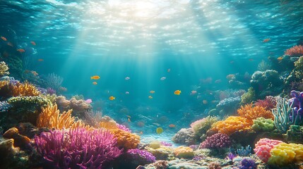 A vibrant coral reef teeming with life, bathed in sunlight.