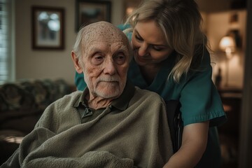 Obraz premium In a cozy living space, a caring nurse tends to an elderly man wrapped in a warm blanket, reflecting a moment of gentle care and companionship.