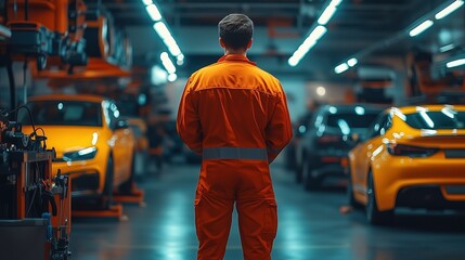 Factory worker supervising vehicle production process. Factory worker in orange uniform monitors the vehicle production process inside an automotive factory, with cars on the assembly line.