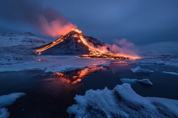 A breathtaking scene of a volcanic eruption with molten lava cascading down the mountain's slopes, contrasting against the icy and pristine landscape during dusk.