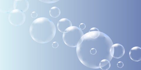 Macro shot of isolated water white bubbles on blue background. A set of blue and white soap bubbles to create a design. Isolated, transparent, realistic soap bubbles on a transparent background
