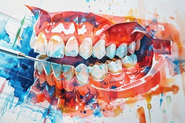 watercolor style, Dentist examining teeth with investment charts in watercolor, dentist care, economic stability concept